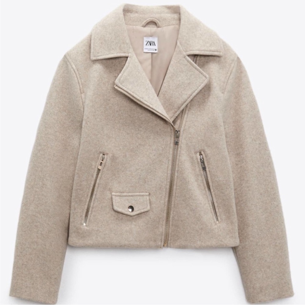 ZARA Soft Lapel Collar Crossover Asymmetric Moto Jacket in Sand